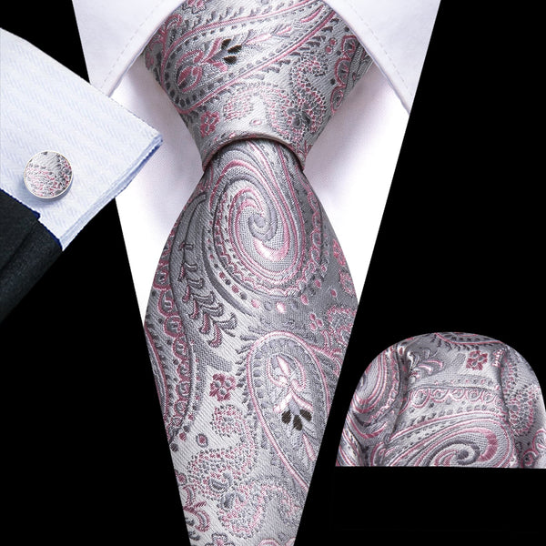 sliver grey pink paisley mens silk suit dress ties set