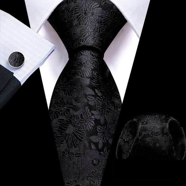  Coal Black Floral Mens Silk Tie Set for Mens Suit Top