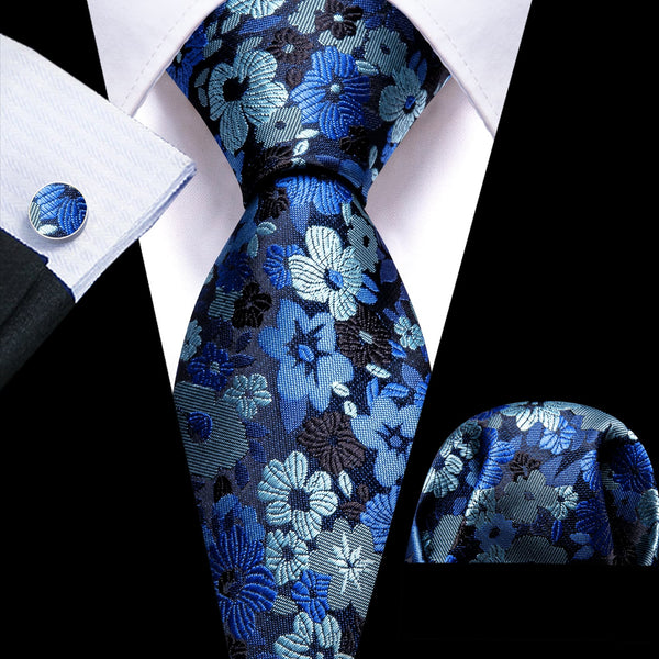 Sky Blue Floral Silk Mens Tie Set for Wedding Groom Tie