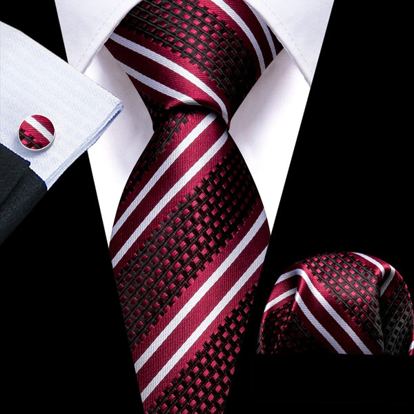 Silk burgundy red white striped tie for mens suit dress