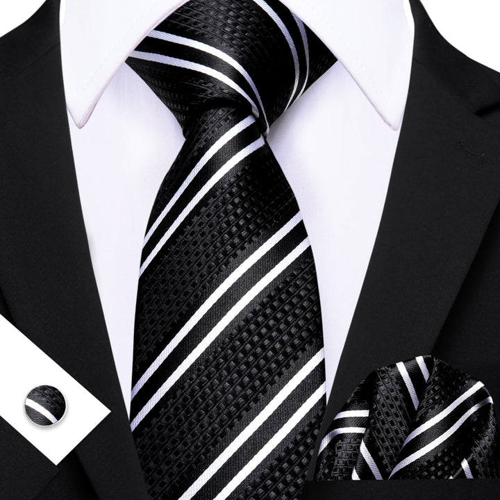 black white striped silk mens suit top ties pocket square cufflinks set