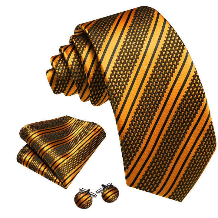Black Gold Yellow Striped mens silk tie set