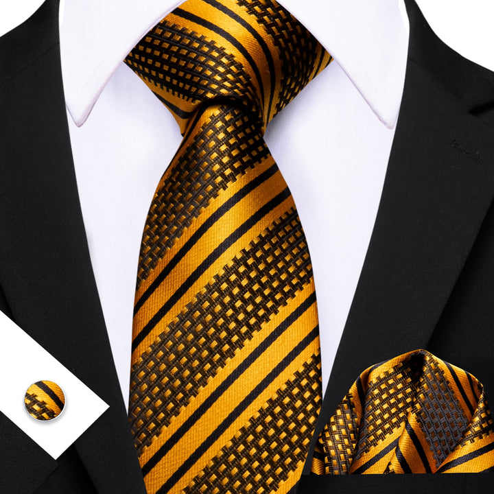 Black Gold Yellow Striped mens silk tie set