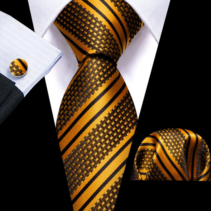 Black Gold Yellow Striped mens silk tie set
