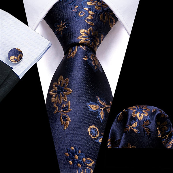 mens silk navy blue brown flower tie pocket square cufflinks set for mens suit top