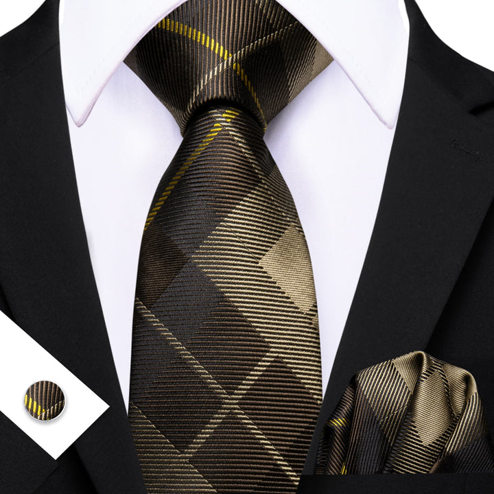 Deep brown and light brown plaid mens silk ties set for men
