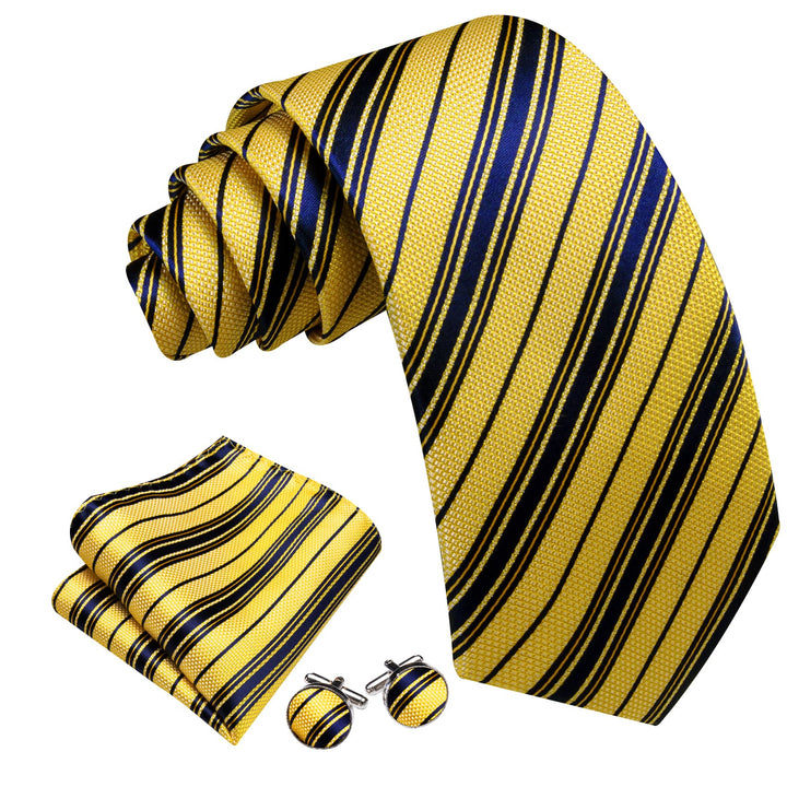 Yellow Blue Striped Mens Business Silk Dress Tie Pocket Square Cufflinks Set