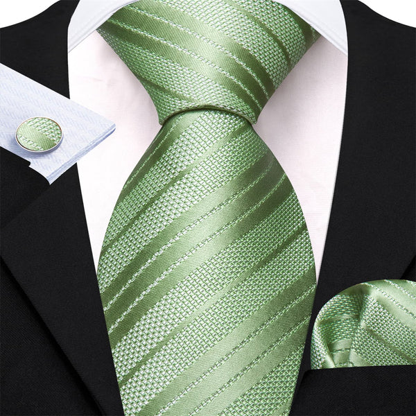 Dress Tie Sage Green Striped Men's Silk Tie Pocket Square Cufflinks Set for mens suit
