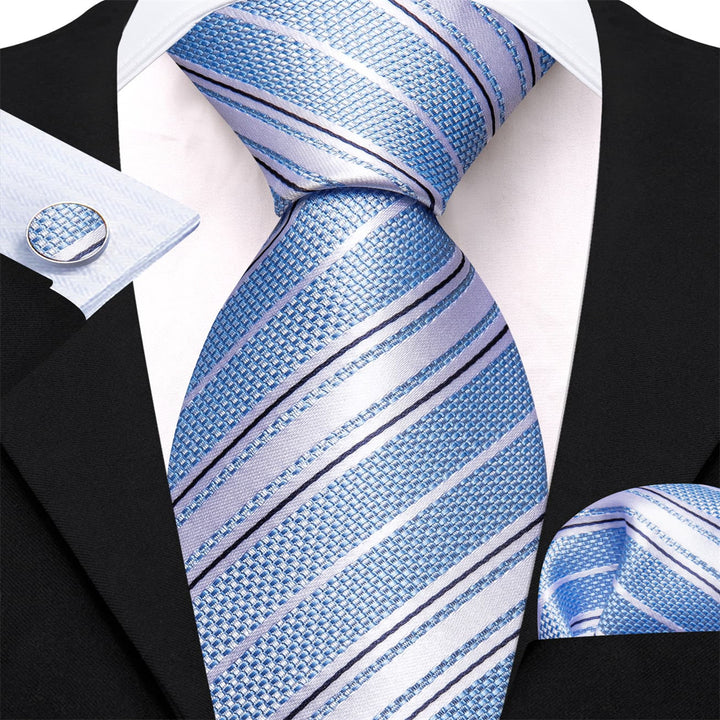 baby blue white striped mens silk tie handkerchief cufflinks set for dress shirt