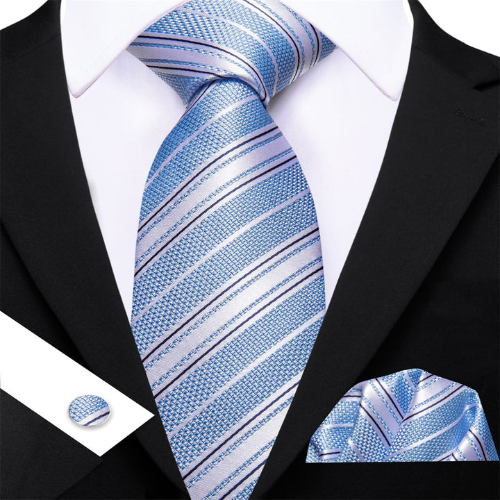baby blue white striped mens silk tie handkerchief cufflinks set for dress shirt