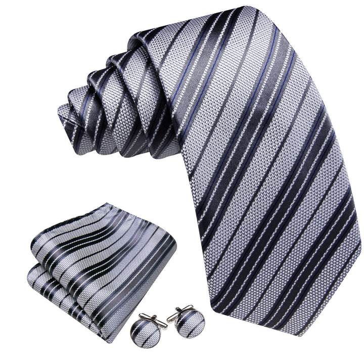 Deep Grey Striped mens silk dress suit tie handkerchief cuff links set