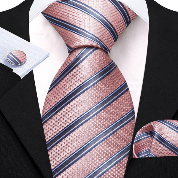 light pink grey striped mens silk tie pocket square cufflinks set for mens dress shirt