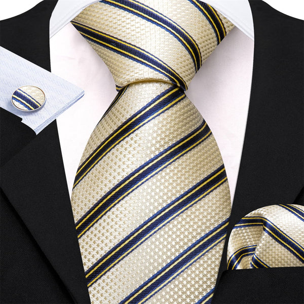 cream white blue striped silk mens tie pocket square cufflinks set for dress suit