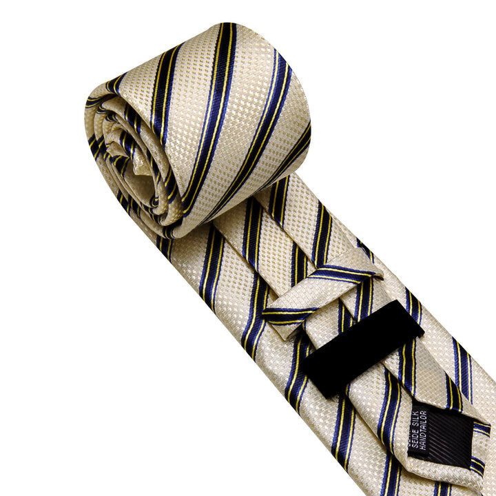 cream white blue striped silk mens tie pocket square cufflinks set for dress suit