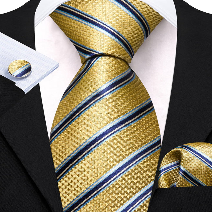 Butter Yellow Blue Striped Men's Silk Dress Shirt Tie Handkerchief Cufflinks Set