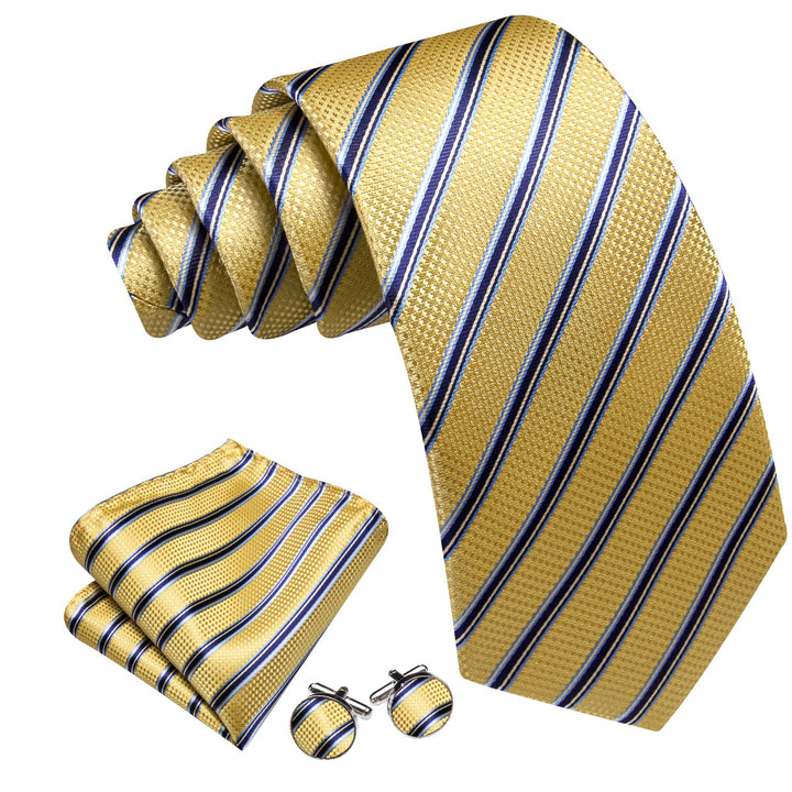 Butter Yellow Blue Striped Men's Silk Dress Shirt Tie Handkerchief Cufflinks Set