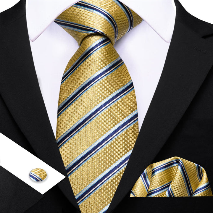 Butter Yellow Blue Striped Men's Silk Dress Shirt Tie Handkerchief Cufflinks Set