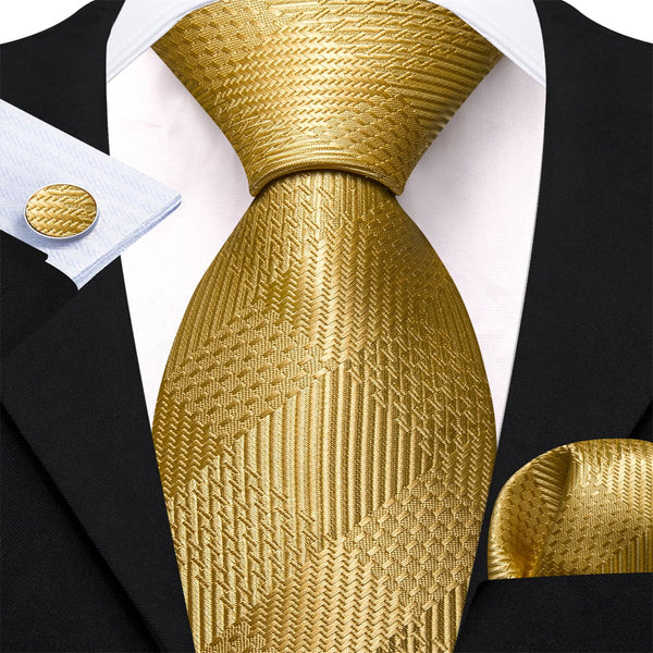 Dress Tie Yellow Gold Plaid Men's Silk Tie Hanky Cufflinks Set