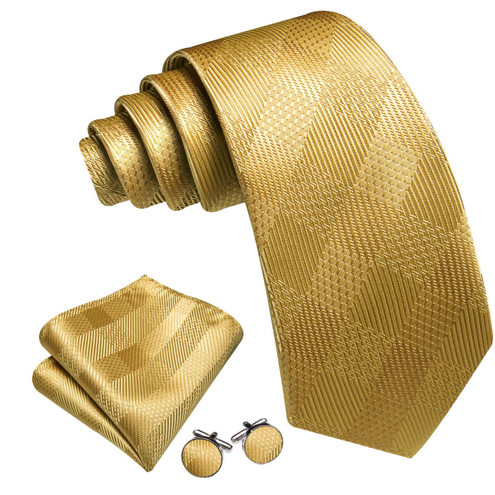 Dress Tie Yellow Gold Plaid Men's Silk Tie Hanky Cufflinks Set