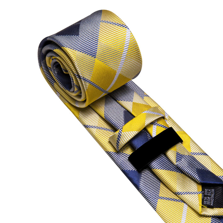 Dress Tie Yellow Blue Plaid Men's Silk Tie Handkerchief Cufflinks Set