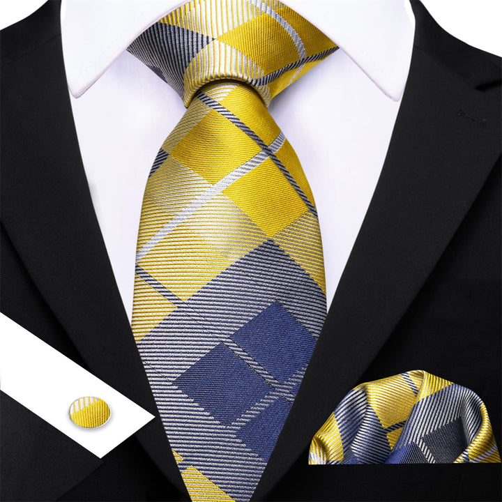 Dress Tie Yellow Blue Plaid Men's Silk Tie Handkerchief Cufflinks Set