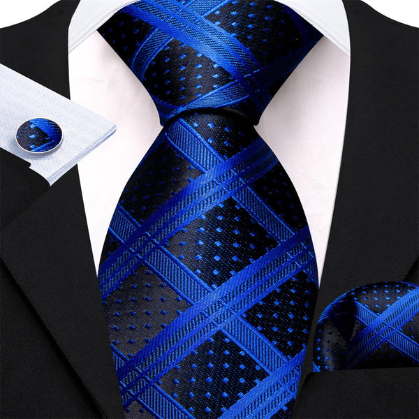 black navy blue plaid silk mens tie pocket square cufflinks for business