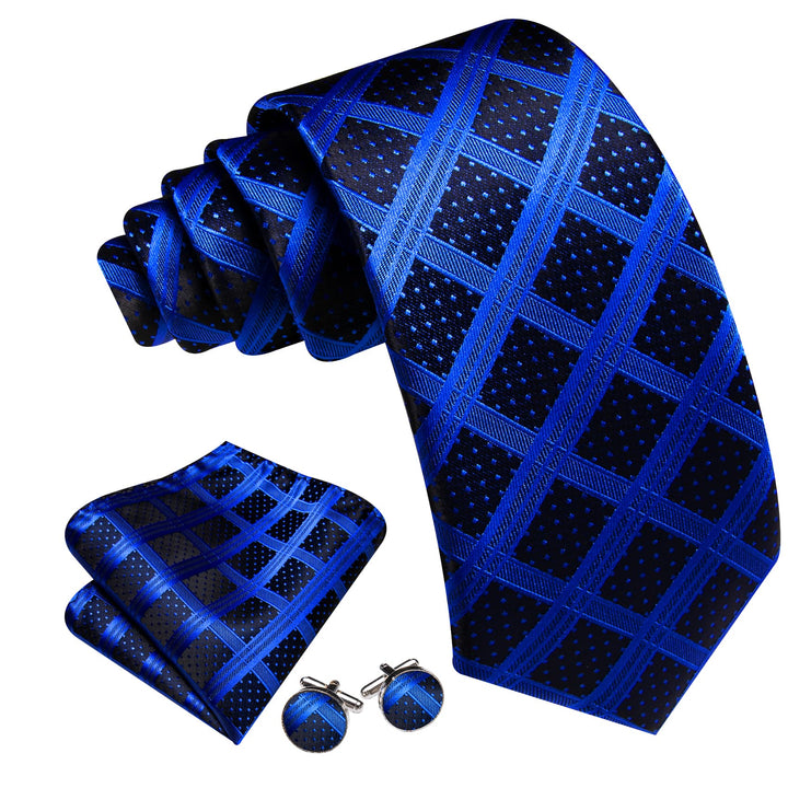 black navy blue plaid silk mens tie pocket square cufflinks for business