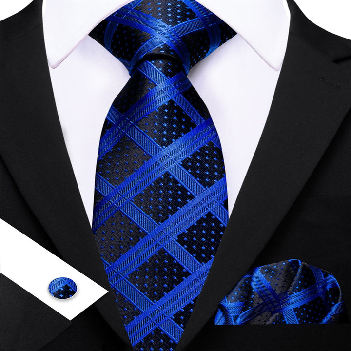 black navy blue plaid silk mens tie pocket square cufflinks for business