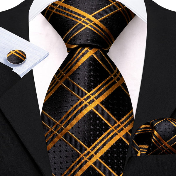 Dress Business Tie Black Gold Plaid Men's Silk Tie Pocket Square Cufflinks Set