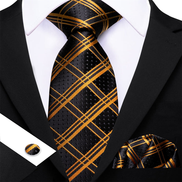 Dress Business Tie Black Gold Plaid Men's Silk Tie Pocket Square Cufflinks Set