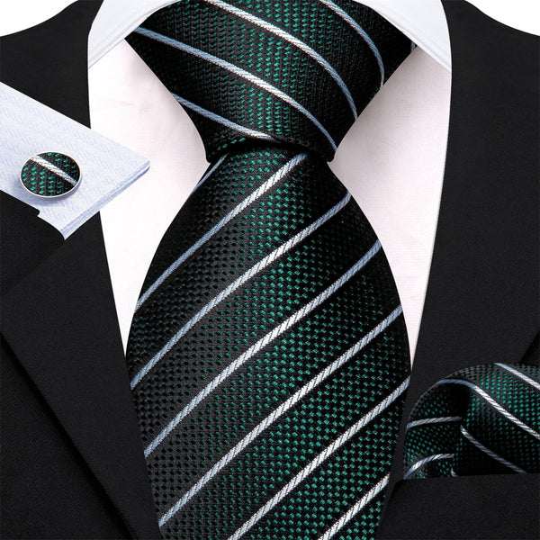 Dress Tie Sapphire Pine Green White Striped Men's Silk Tie Hanky Cufflinks Set