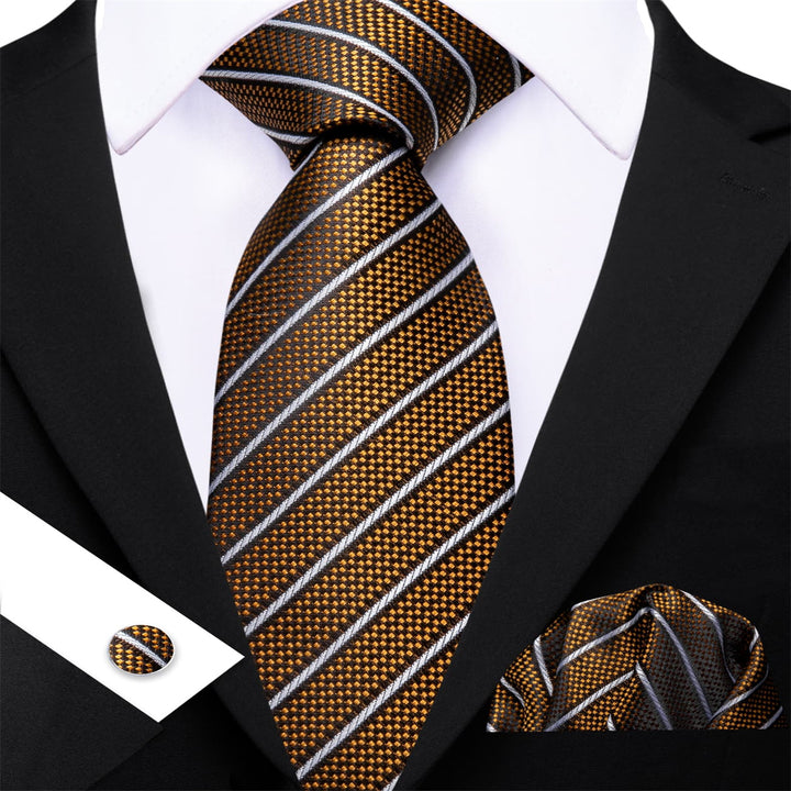 Dress Tie Gold Striped Men's Silk Tie Hanky Cufflinks Set