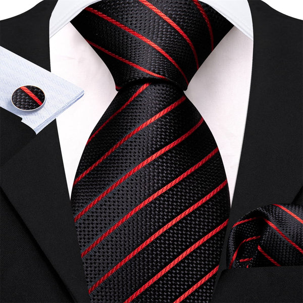 Black Red Striped Mens Silk Business Dress Tie Pocket Square Cufflinks Set