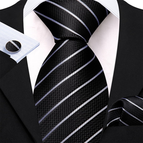 Dress Tie Black White Striped Men's Silk Tie Hanky Cufflinks Set for Business