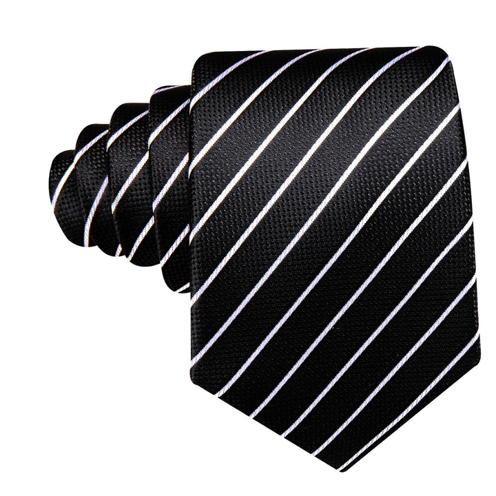 Dress Tie Black White Striped Men's Silk Tie Hanky Cufflinks Set for Business