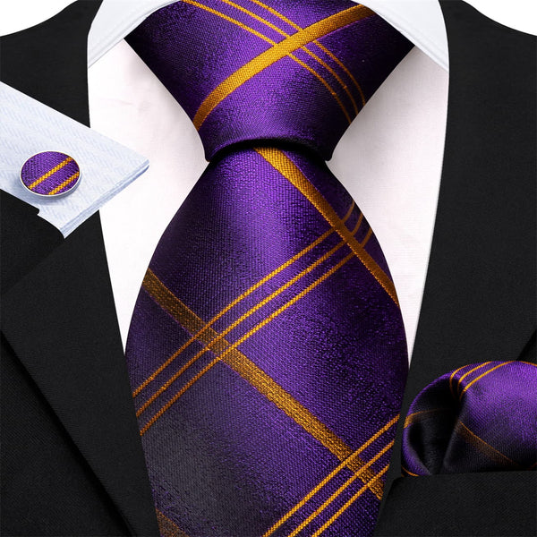 Purple Gold Plaid Men's Silk Tie Hanky Cufflinks Set for dress suit