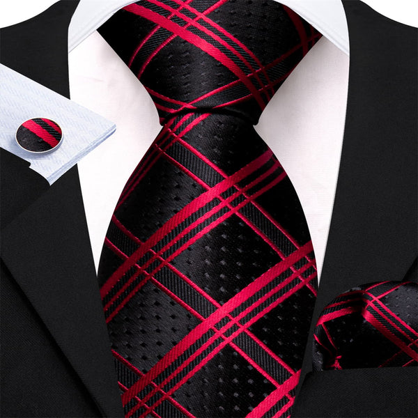 Dress Tie Black Red Plaid Men's Silk Tie Hanky Cufflinks Set