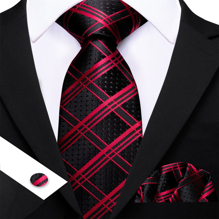 Dress Tie Black Red Plaid Men's Silk Tie Hanky Cufflinks Set