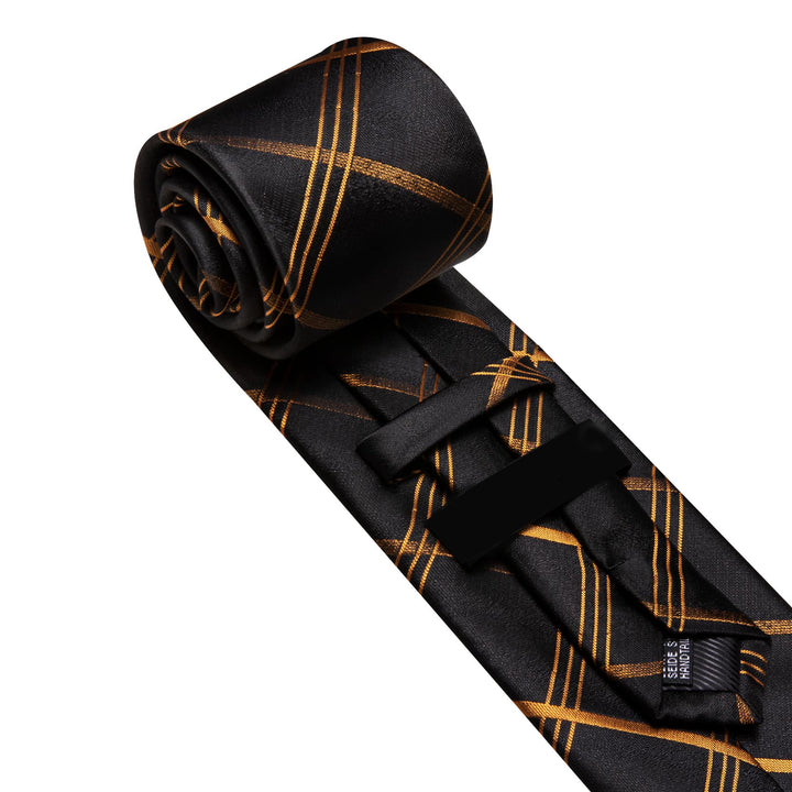Dress Tie Black Yellow Plaid Men's Silk Tie Hanky Cufflinks Set