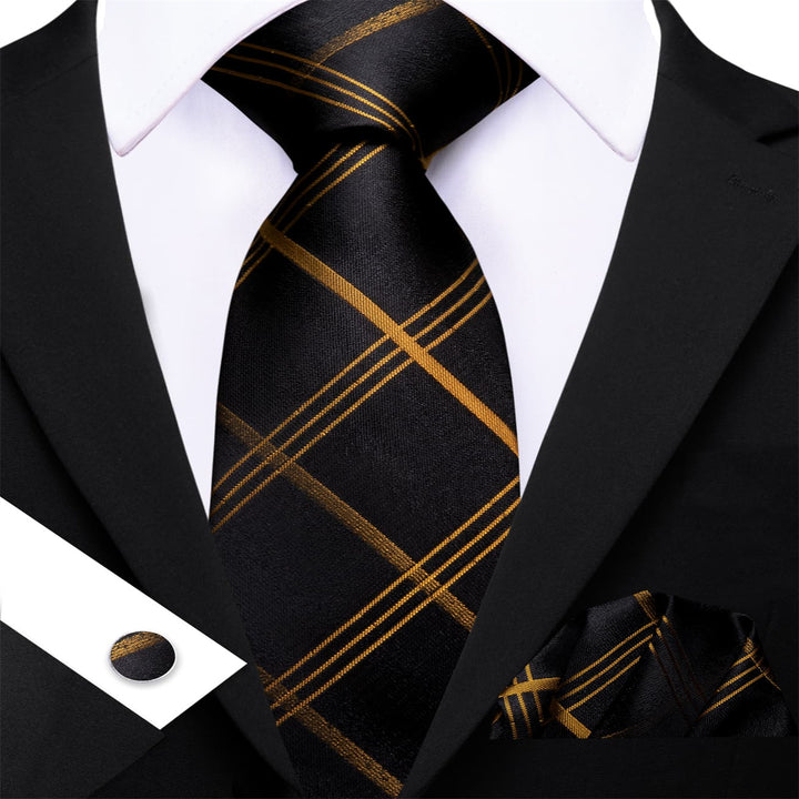Dress Tie Black Yellow Plaid Men's Silk Tie Hanky Cufflinks Set