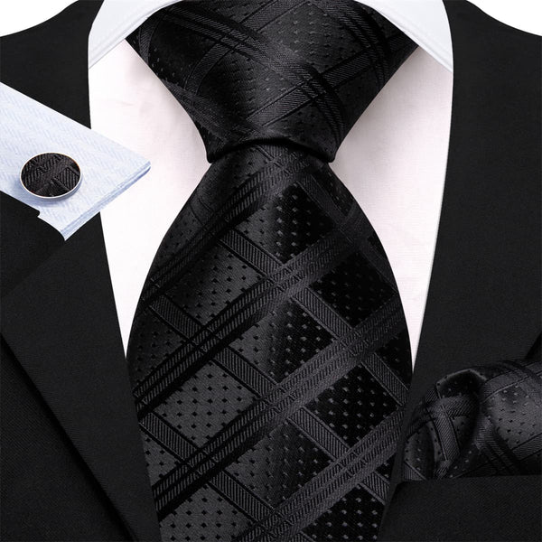 Classic black plaid mens silk ties pocket square cufflinks set for dress suit top