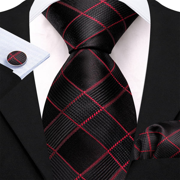 black red lines plaid mens silk ties for dressing shirt