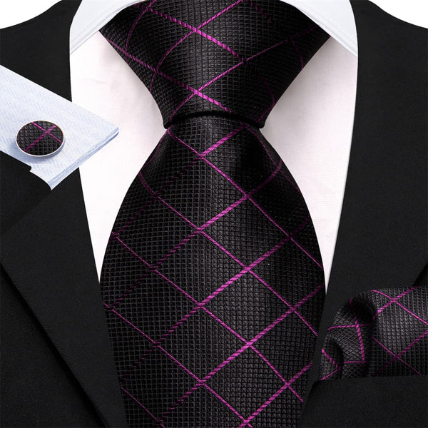 black purple lines plaid mens silk ties and pocket squares cufflinks set