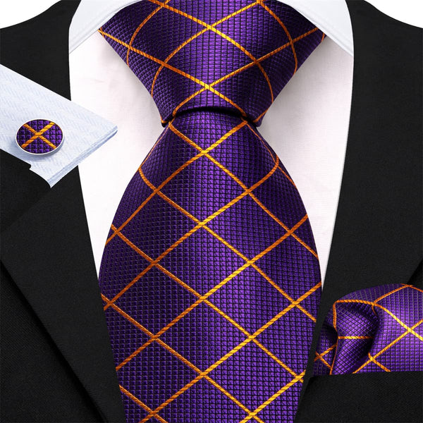  Violet Purple Gold Lines Mens Silk Ties Pocket Square Cufflinks Set
