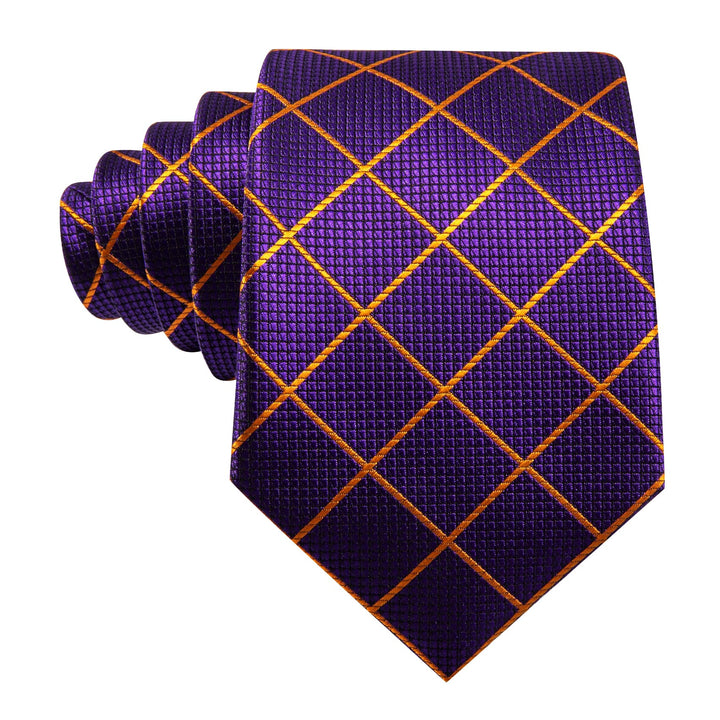  Violet Purple Gold Lines Mens Silk Ties Pocket Square Cufflinks Set
