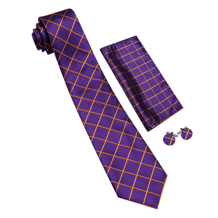  Violet Purple Gold Lines Mens Silk Ties Pocket Square Cufflinks Set