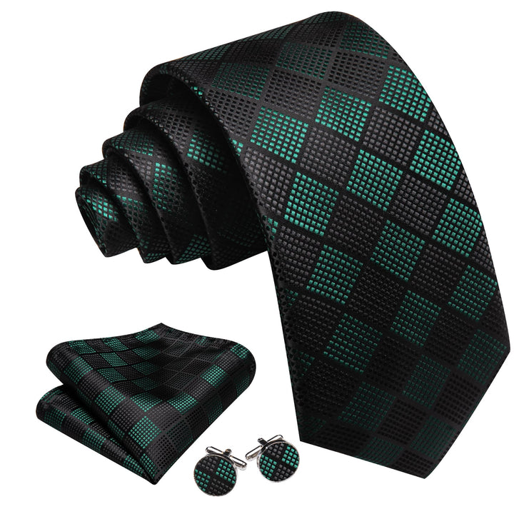 Silk Tie Black Green Plaid Tie Set for Mens Suit and Shirt