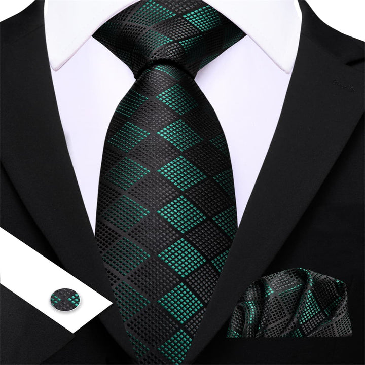 Silk Tie Black Green Plaid Tie Set for Mens Suit and Shirt