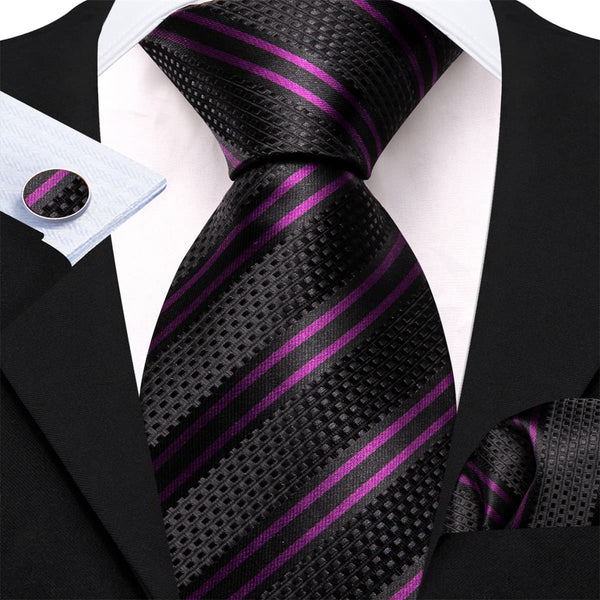 black deep purple lines striped silk mens ties set