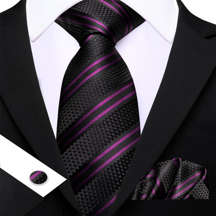 black deep purple lines striped silk mens ties set